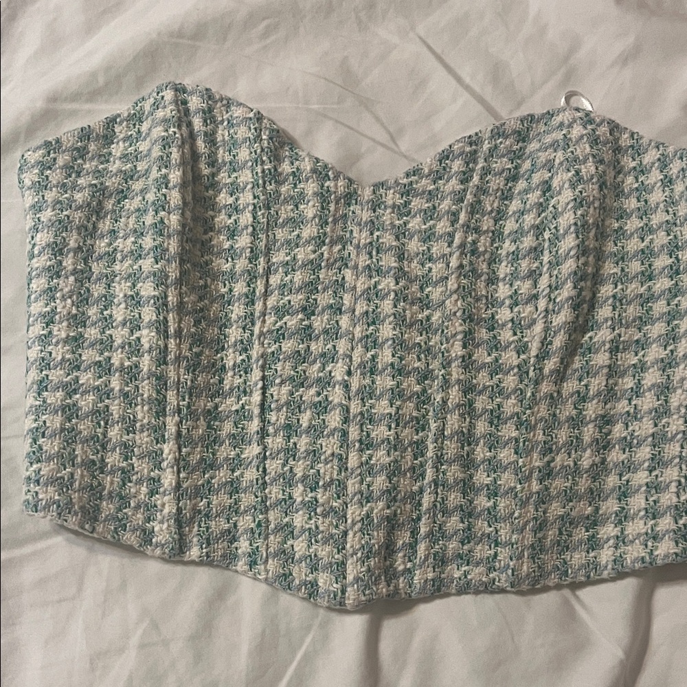 Zara Blue and White Houndstooth Bustier Top